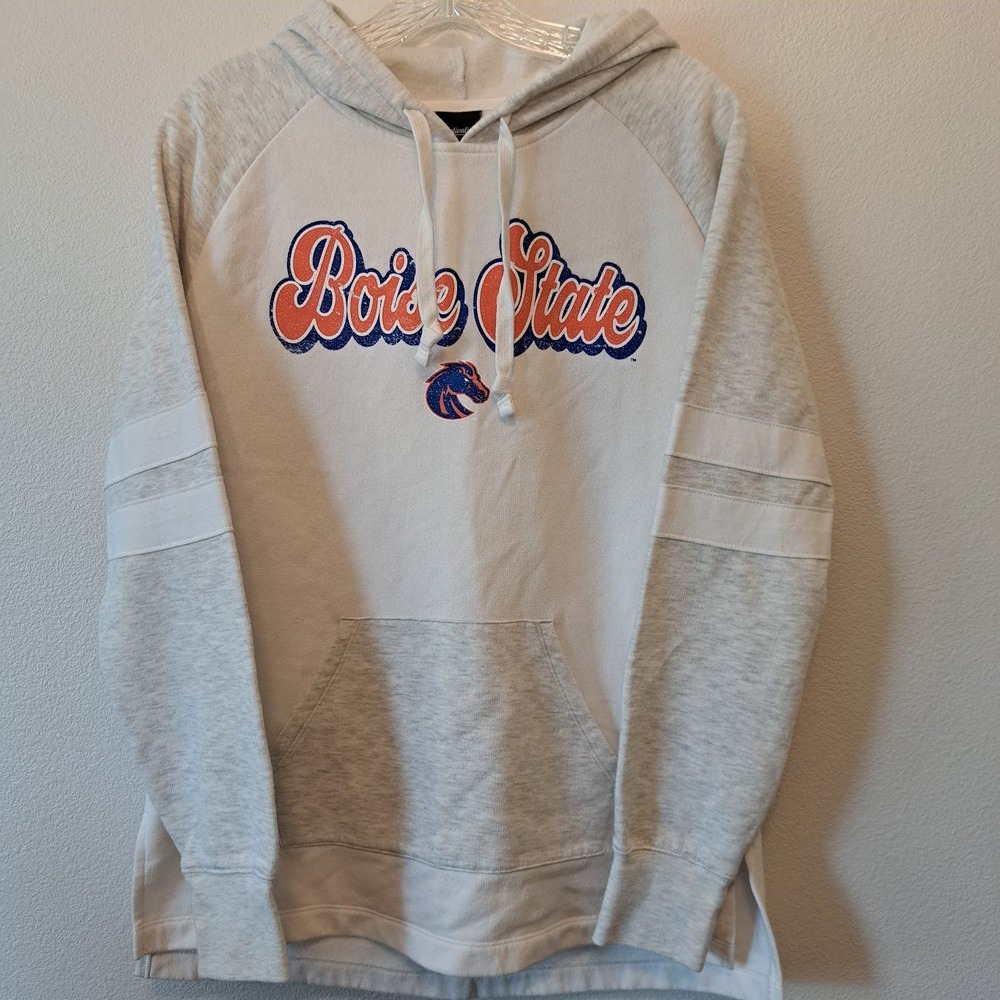 Captivating Boise State Broncos Hoodie Womens Small White Grey Raglan Sweatshirt